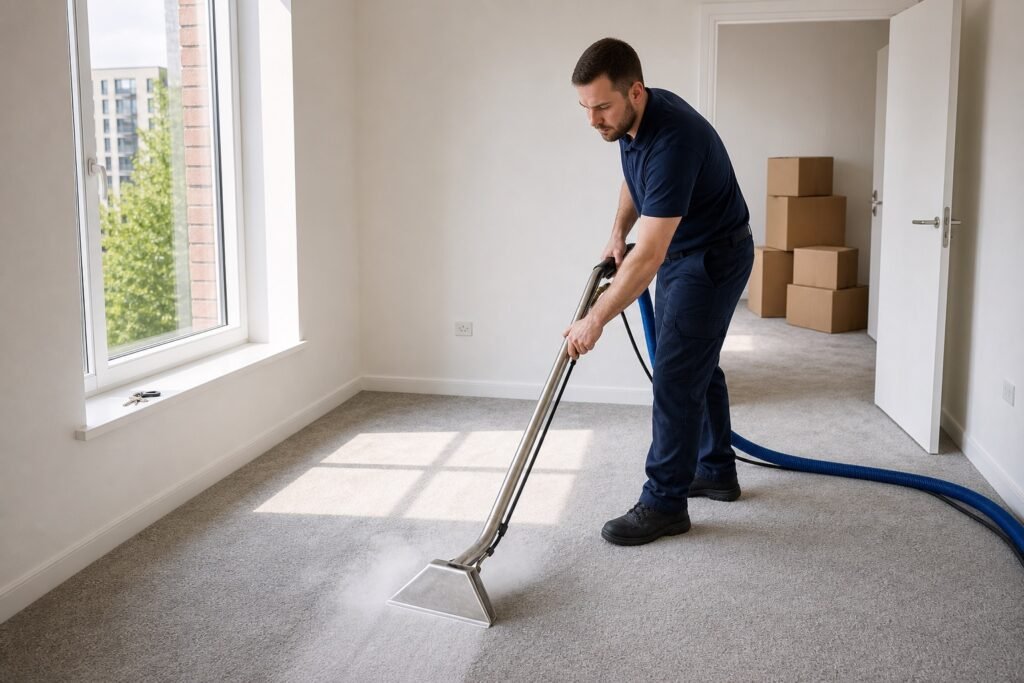 Move-out carpet cleaning in an empty rental apartment with moving boxes
