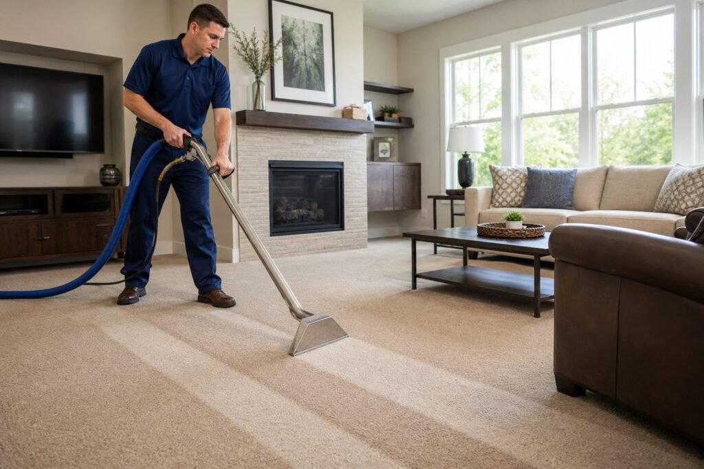Professional carpet cleaning technician steam cleaning beige carpet in a bright living room