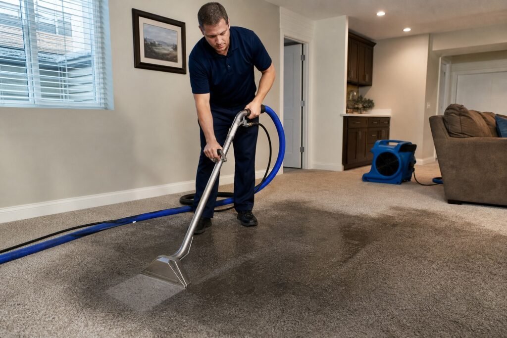 Technician extracting water from soaked carpet in a basement with an air mover fan drying